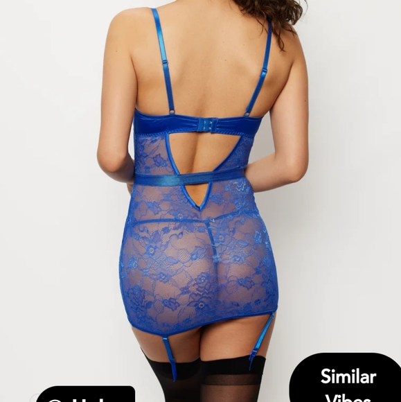 Royal Blue Lace & Satin Chemise With Garters By Fredrick's of Hollywood (S) - Picture 2 of 6